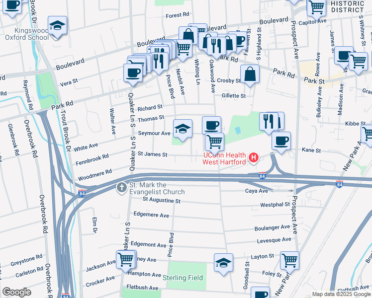 map of restaurants, bars, coffee shops, grocery stores, and more near 64 Saint James Street in West Hartford