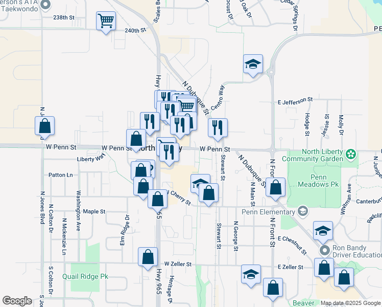 map of restaurants, bars, coffee shops, grocery stores, and more near 10 Penn Oaks Drive in North Liberty