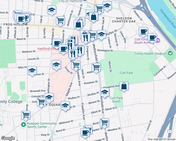 map of restaurants, bars, coffee shops, grocery stores, and more near 55 Morris Street in Hartford
