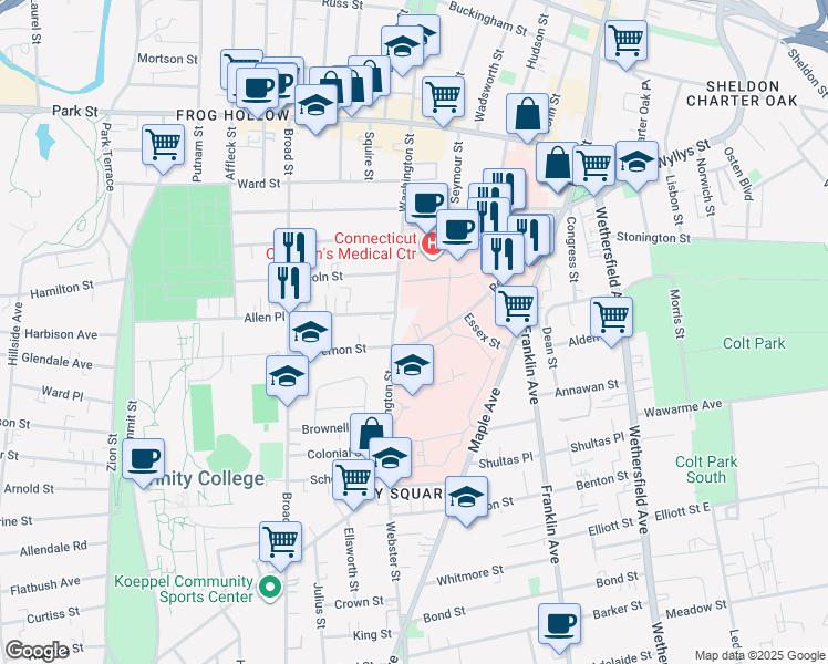 map of restaurants, bars, coffee shops, grocery stores, and more near in Hartford