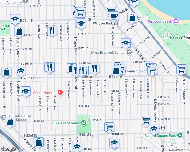 map of restaurants, bars, coffee shops, grocery stores, and more near 2512 E 79th St in Chicago