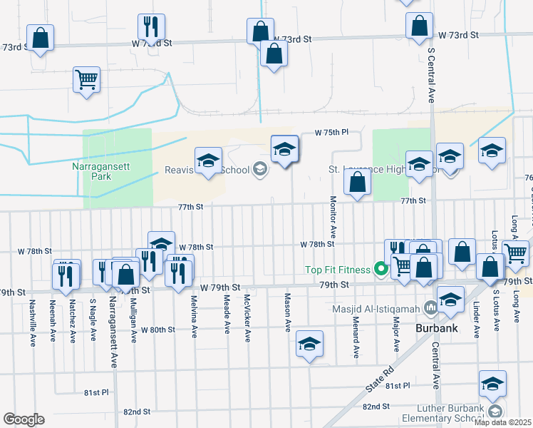 map of restaurants, bars, coffee shops, grocery stores, and more near 7708 Austin Avenue in Burbank