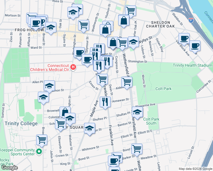 map of restaurants, bars, coffee shops, grocery stores, and more near 14 Franklin Avenue in Hartford