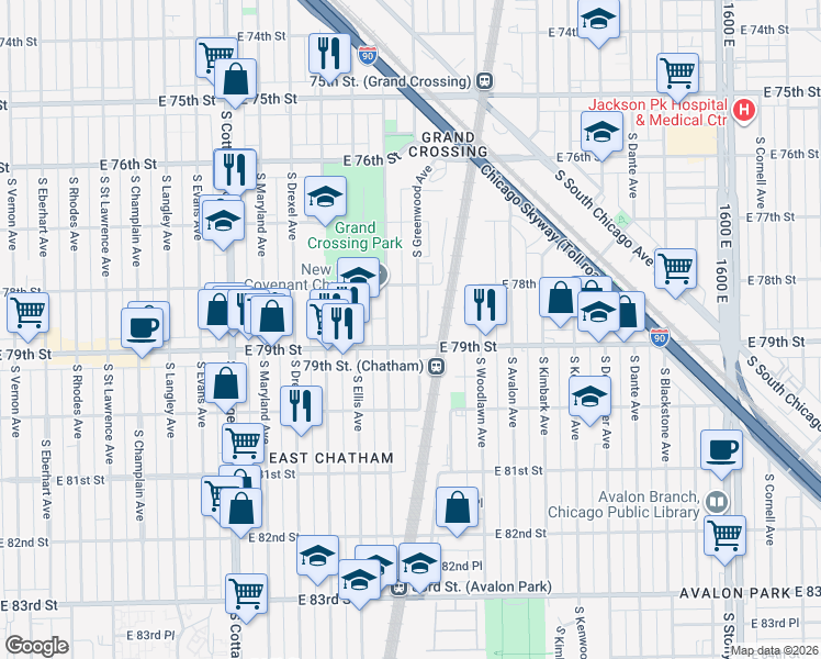 map of restaurants, bars, coffee shops, grocery stores, and more near 7844 South Greenwood Avenue in Chicago