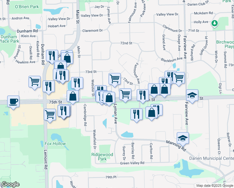 map of restaurants, bars, coffee shops, grocery stores, and more near 7403 Canterbury Place in Downers Grove