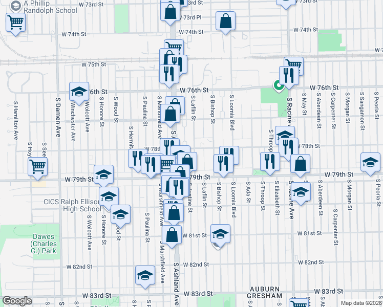 map of restaurants, bars, coffee shops, grocery stores, and more near 7702 South Bishop Street in Chicago