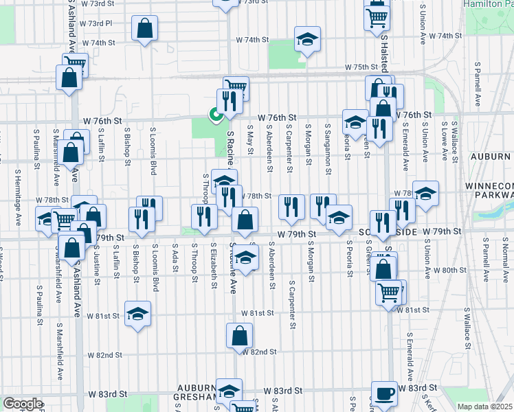 map of restaurants, bars, coffee shops, grocery stores, and more near 7755 South May Street in Chicago