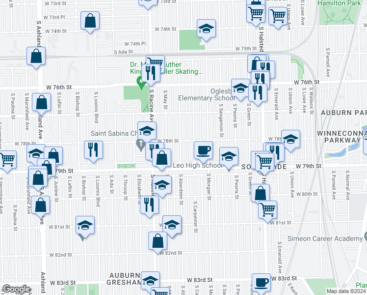 map of restaurants, bars, coffee shops, grocery stores, and more near 7813 South Aberdeen Street in Chicago
