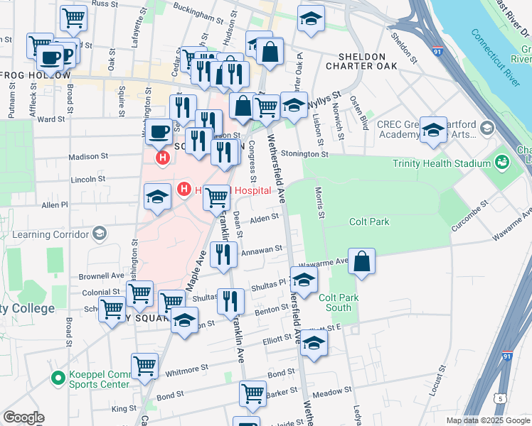 map of restaurants, bars, coffee shops, grocery stores, and more near 19 Morris Street in Hartford