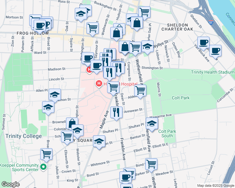 map of restaurants, bars, coffee shops, grocery stores, and more near 140 Maple Avenue in Hartford