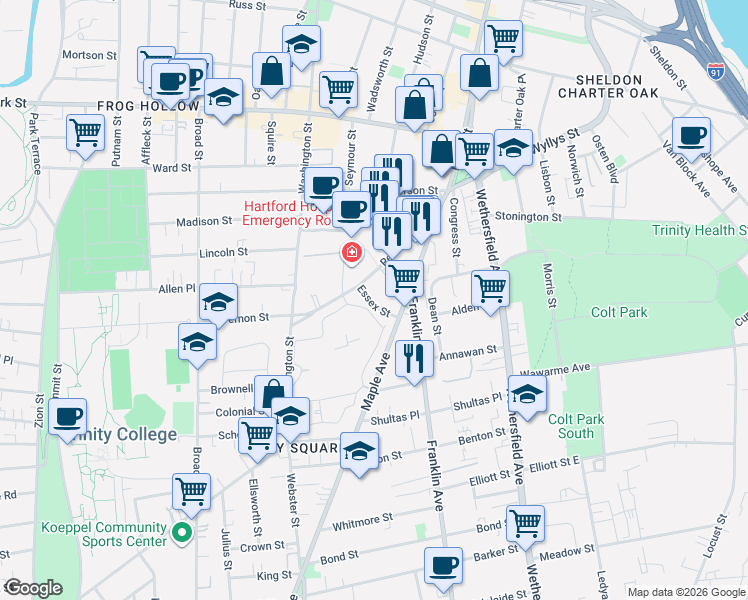 map of restaurants, bars, coffee shops, grocery stores, and more near in Hartford