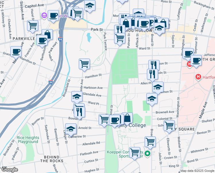 map of restaurants, bars, coffee shops, grocery stores, and more near 417 Zion Street in Hartford