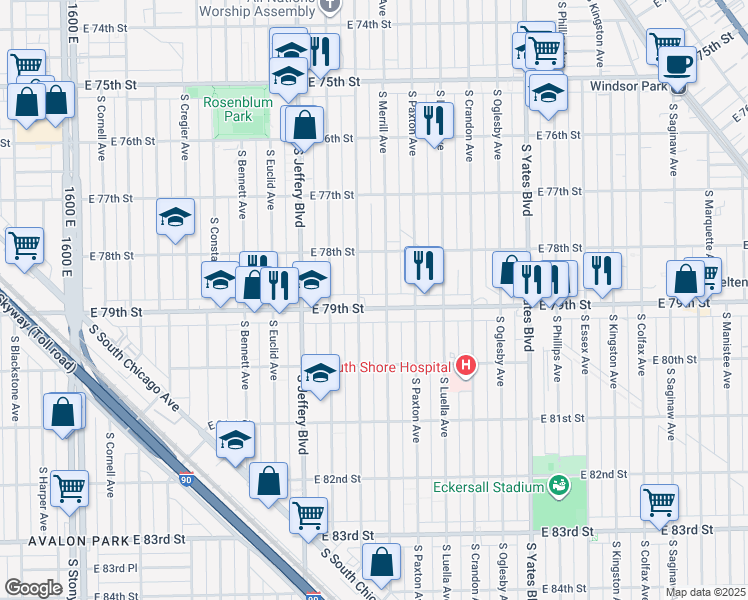 map of restaurants, bars, coffee shops, grocery stores, and more near 7833 South Clyde Avenue in Chicago