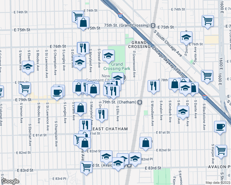 map of restaurants, bars, coffee shops, grocery stores, and more near 7825 South Ellis Avenue in Chicago