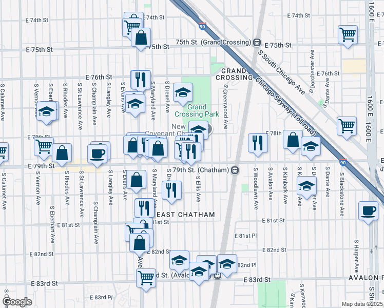 map of restaurants, bars, coffee shops, grocery stores, and more near 7823 South Ingleside Avenue in Chicago