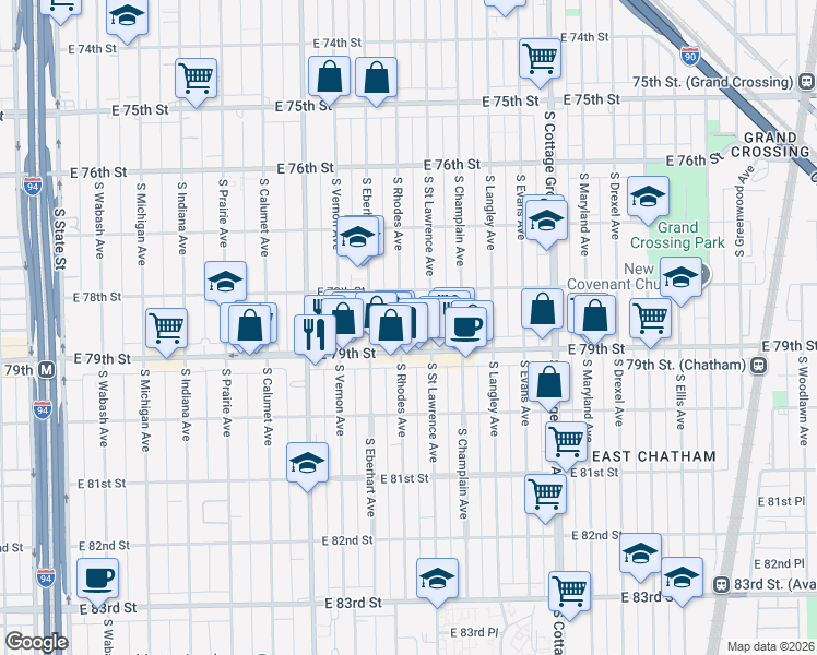 map of restaurants, bars, coffee shops, grocery stores, and more near 7814 South Saint Lawrence Avenue in Chicago