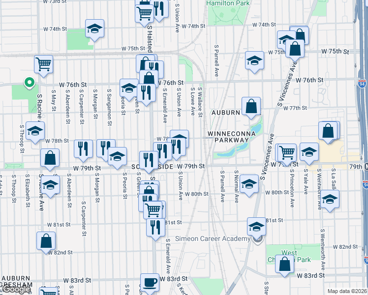map of restaurants, bars, coffee shops, grocery stores, and more near 7758 South Union Avenue in Chicago