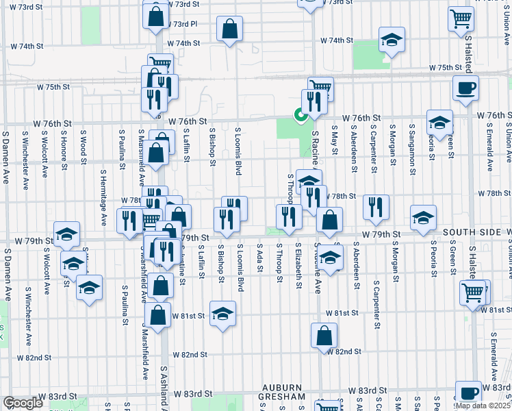 map of restaurants, bars, coffee shops, grocery stores, and more near 7758 South Ada Street in Chicago