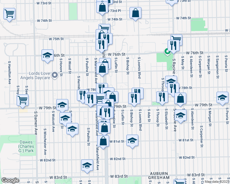 map of restaurants, bars, coffee shops, grocery stores, and more near 7702 South Bishop Street in Chicago