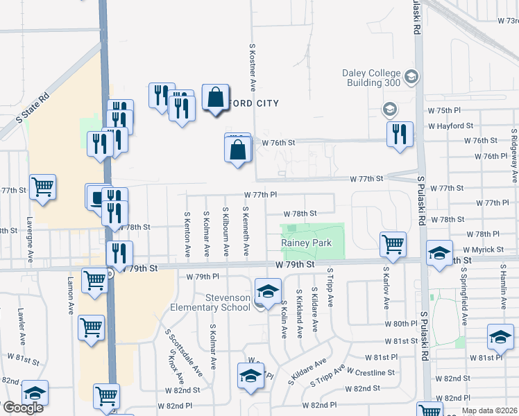 map of restaurants, bars, coffee shops, grocery stores, and more near 7718 South Kostner Avenue in Chicago