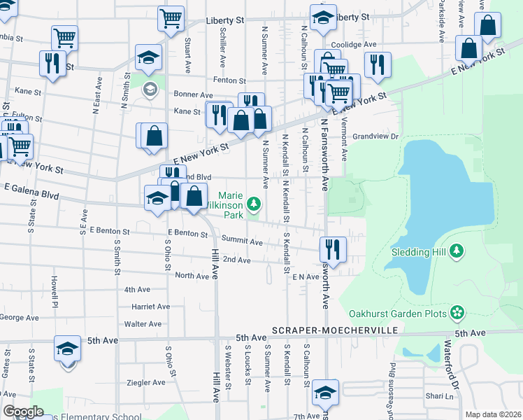 map of restaurants, bars, coffee shops, grocery stores, and more near 34 North Sumner Avenue in Aurora