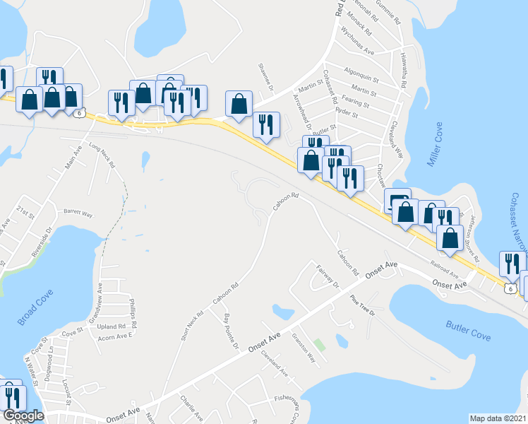 map of restaurants, bars, coffee shops, grocery stores, and more near 16 Bay Pointe Drive in Wareham