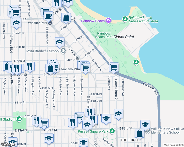 map of restaurants, bars, coffee shops, grocery stores, and more near E 79th St & E Cheltenham Pl in Chicago