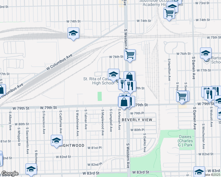 map of restaurants, bars, coffee shops, grocery stores, and more near 7740 South Western Avenue in Chicago