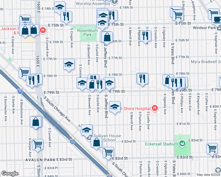 map of restaurants, bars, coffee shops, grocery stores, and more near 7851 South Jeffery Boulevard in Chicago