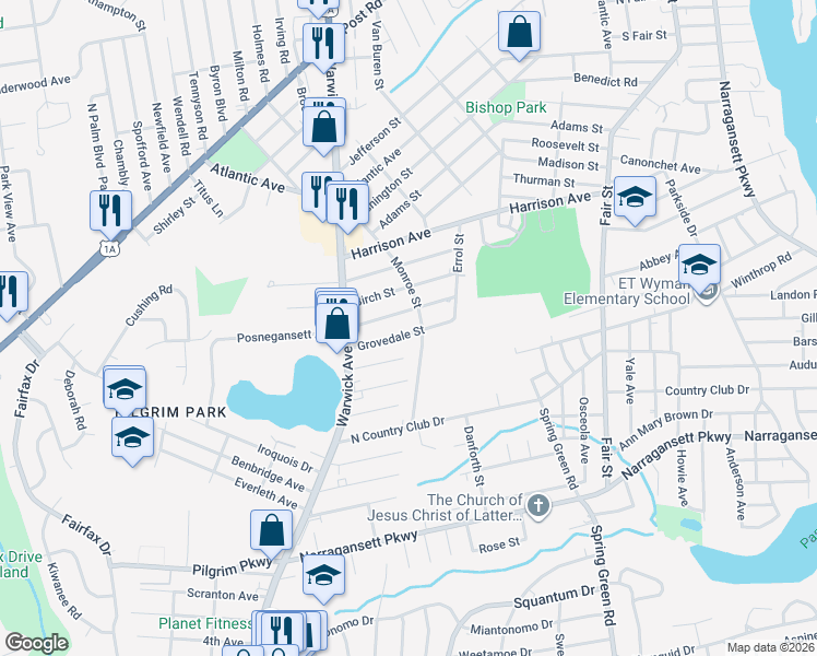 map of restaurants, bars, coffee shops, grocery stores, and more near 46 Oakdale Street in Warwick