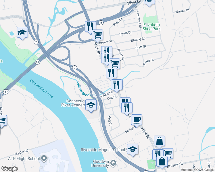 map of restaurants, bars, coffee shops, grocery stores, and more near 441 Main Street in East Hartford