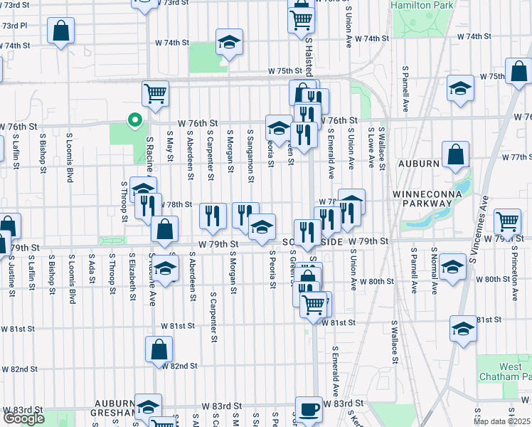 map of restaurants, bars, coffee shops, grocery stores, and more near 7812 South Peoria Street in Chicago