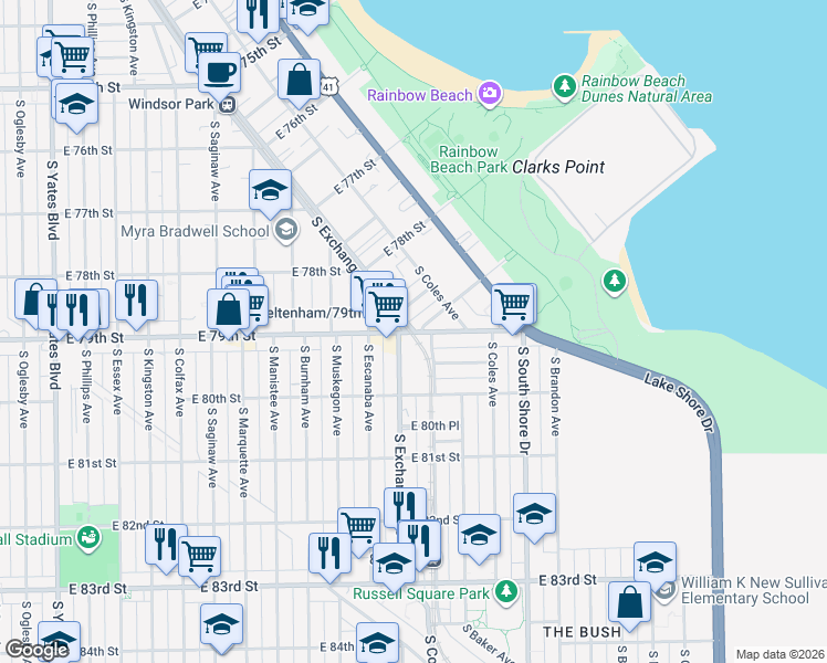 map of restaurants, bars, coffee shops, grocery stores, and more near S Exchange Ave & E 79th St in Chicago