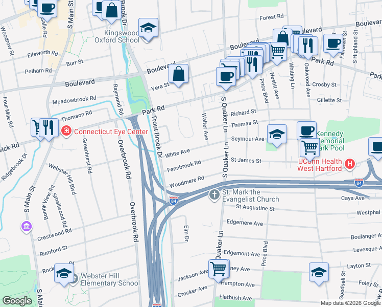map of restaurants, bars, coffee shops, grocery stores, and more near 62 White Avenue in West Hartford