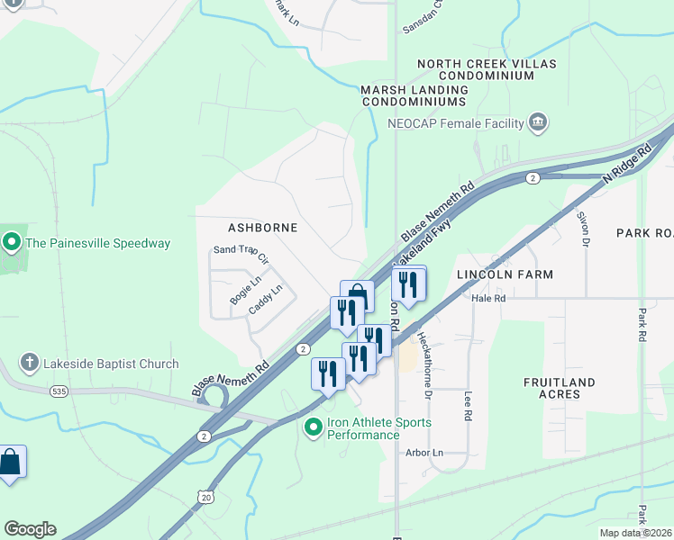map of restaurants, bars, coffee shops, grocery stores, and more near 1727 Blase Nemeth Road in Painesville