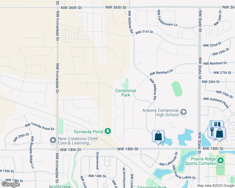 map of restaurants, bars, coffee shops, grocery stores, and more near 2312 Northwest Reinhart Drive in Ankeny
