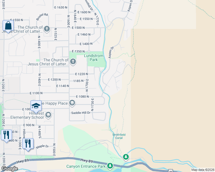 map of restaurants, bars, coffee shops, grocery stores, and more near 1693 Aspen Drive in Logan
