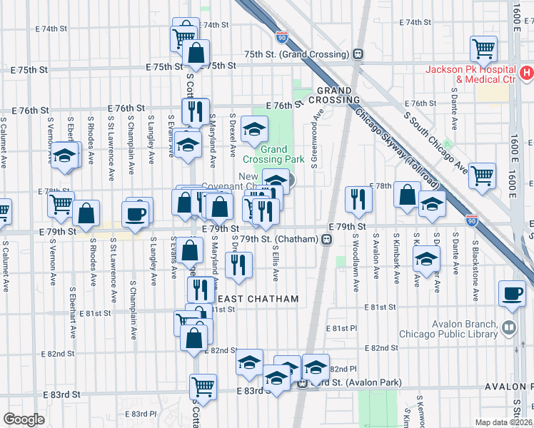 map of restaurants, bars, coffee shops, grocery stores, and more near 7823 South Ingleside Avenue in Chicago