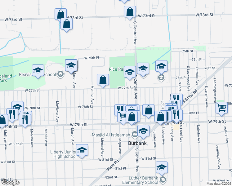 map of restaurants, bars, coffee shops, grocery stores, and more near 7700 Major Avenue in Burbank