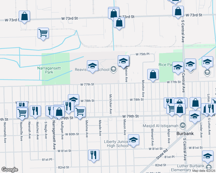 map of restaurants, bars, coffee shops, grocery stores, and more near 7701 Meade Avenue in Burbank