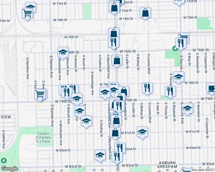 map of restaurants, bars, coffee shops, grocery stores, and more near 1637 West 78th Street in Chicago