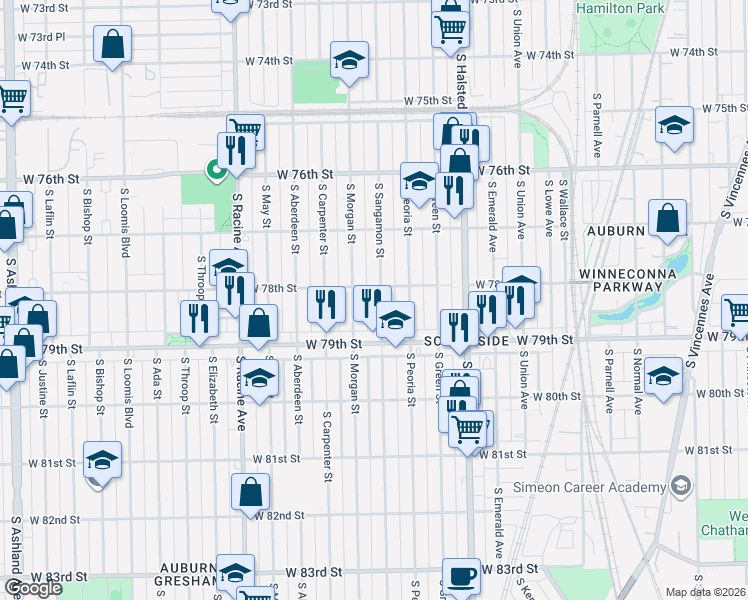 map of restaurants, bars, coffee shops, grocery stores, and more near 7812 South Sangamon Street in Chicago