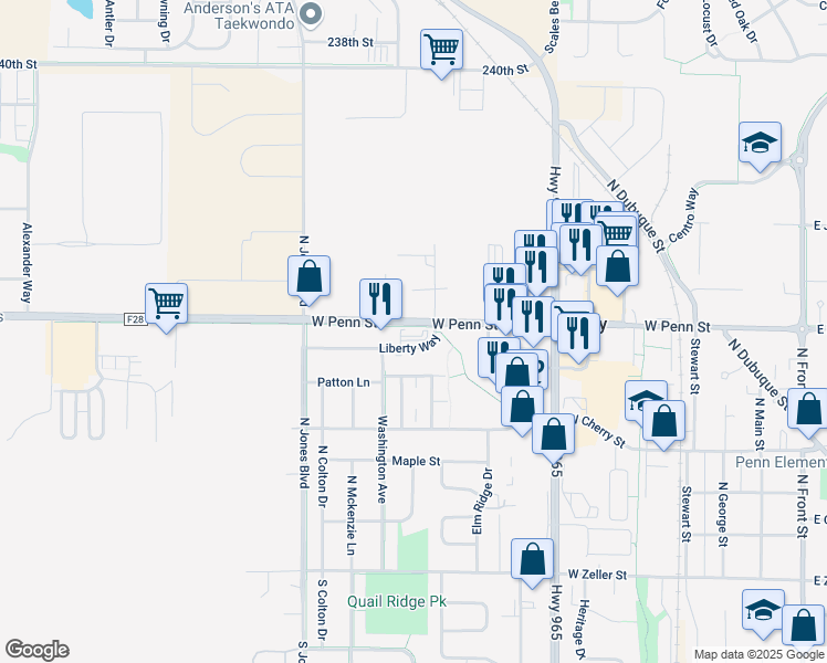 map of restaurants, bars, coffee shops, grocery stores, and more near 625 Liberty Way in North Liberty