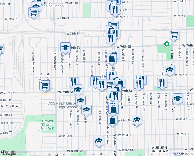 map of restaurants, bars, coffee shops, grocery stores, and more near 7800 South Paulina Street in Chicago