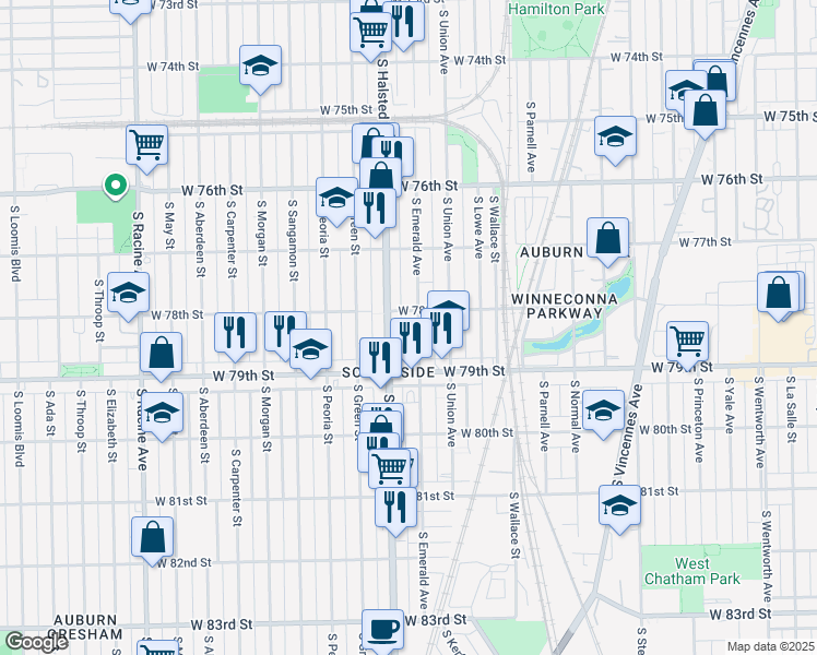 map of restaurants, bars, coffee shops, grocery stores, and more near in Chicago
