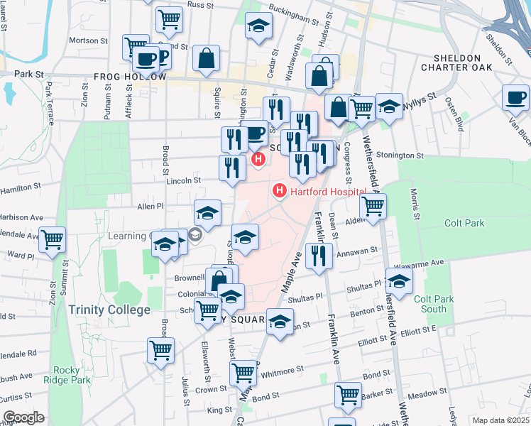 map of restaurants, bars, coffee shops, grocery stores, and more near 200 Retreat Avenue in Hartford