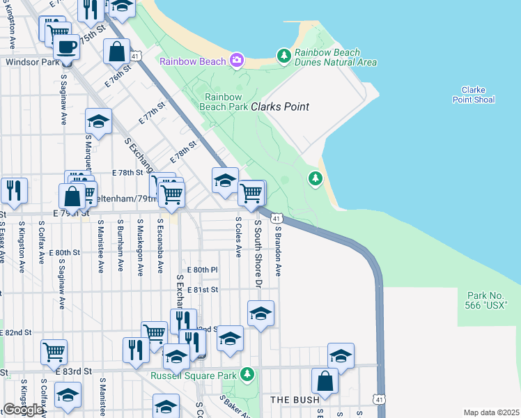 map of restaurants, bars, coffee shops, grocery stores, and more near S South Shore Dr & E 79th St in Chicago