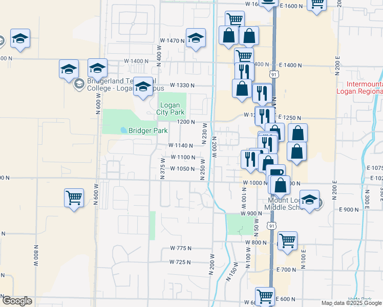map of restaurants, bars, coffee shops, grocery stores, and more near 279 West 1100 North in Logan