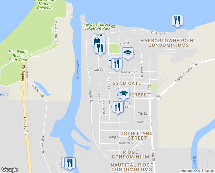 map of restaurants, bars, coffee shops, grocery stores, and more near 505 Eagle Street in Painesville