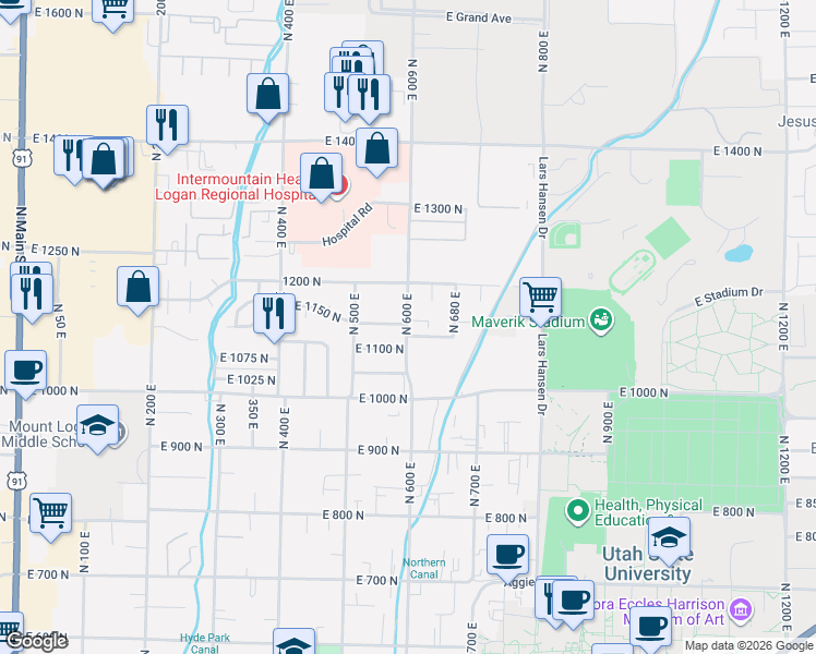 map of restaurants, bars, coffee shops, grocery stores, and more near 1160 600 East in Logan